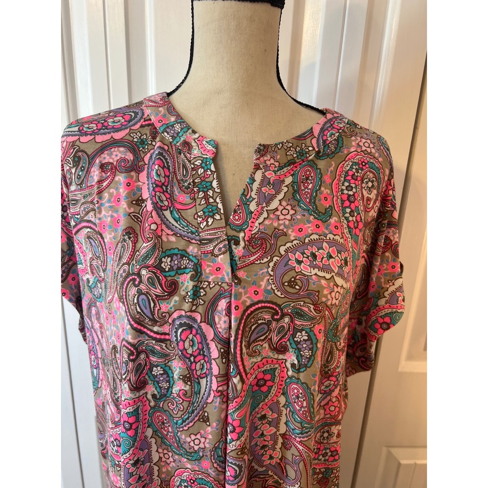 Dear Scarlett Paisley Print Tunic Top XL Pink Teal Short Sleeve LIZSS-C0045P - Picture 2 of 8